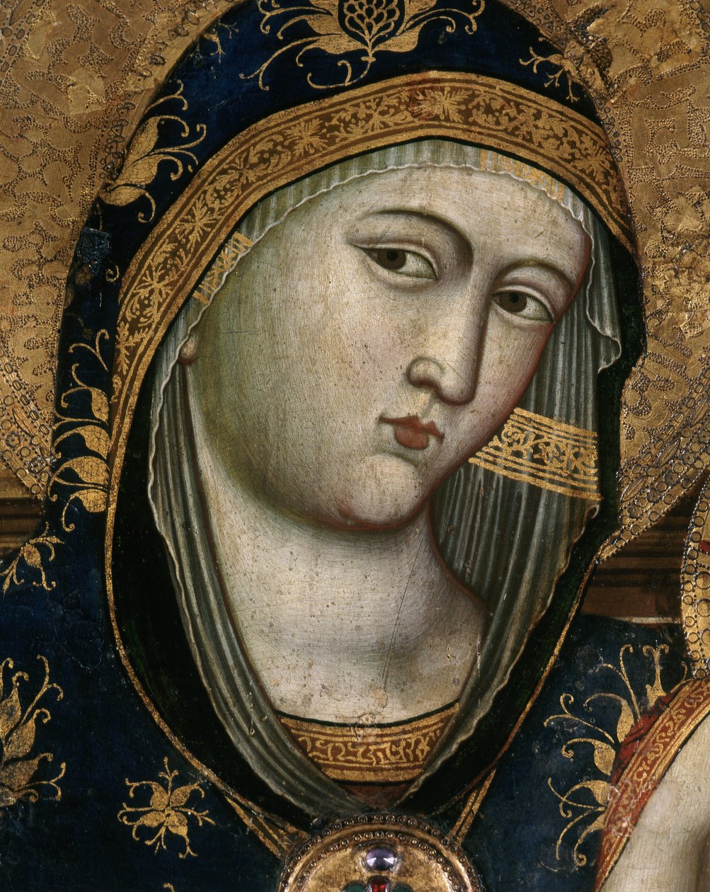 Szűz és gyermek, részlet. A Szűz Mária arca átlátszó anyaggal borított, és vörös anyagból készült kapucni. A Szűz és a Gyermek portréjának részlete. Giovanni Del Biondo festménye (kb. 1356-1398). poliptichon. Olasz oltárkép. Mérete: 140x alkotó: Giovanni del Biondo dal Casentino