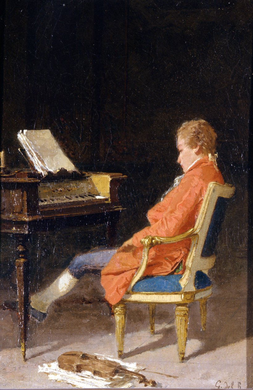 Wolfgang Amadeus Mozart portréja a zongoránál alkotó: Giovanni del Re