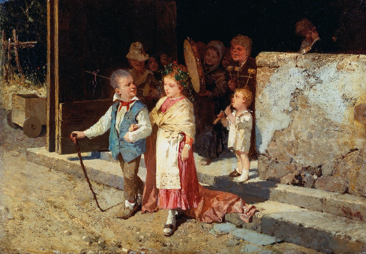 Fiatal házaspár, Giovanni Del Re (1829-1919), olajtábla, 23x33 cm alkotó: Giovanni del Re