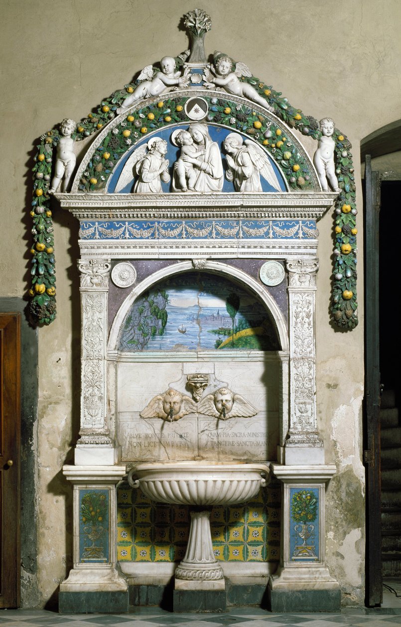 Decoree szökőkút magas domborművel márványból és terrakottából, Giovanni della Robbia (1469-1529) 1498. Santa Maria Novella sekrestye, Firenze alkotó: Giovanni della Robbia