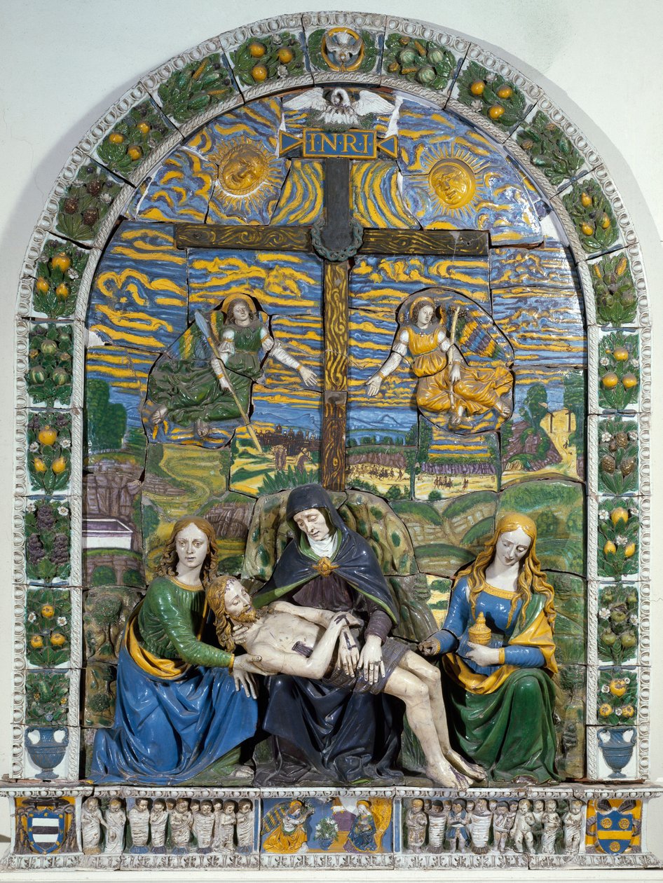 Szent Jánossal és Szent Mária Magdolnával körülvett lerakódás (Pieta) Jézus Krisztus és Szűz Mária a kereszt előtt INRI (I.N.R.I.) felirattal. Alacsony domborműves kerámia, Giovanni della Robbia (1469-1529) Dim. 3x2,28 m Firenze, Museo Nazionale alkotó: Giovanni della Robbia
