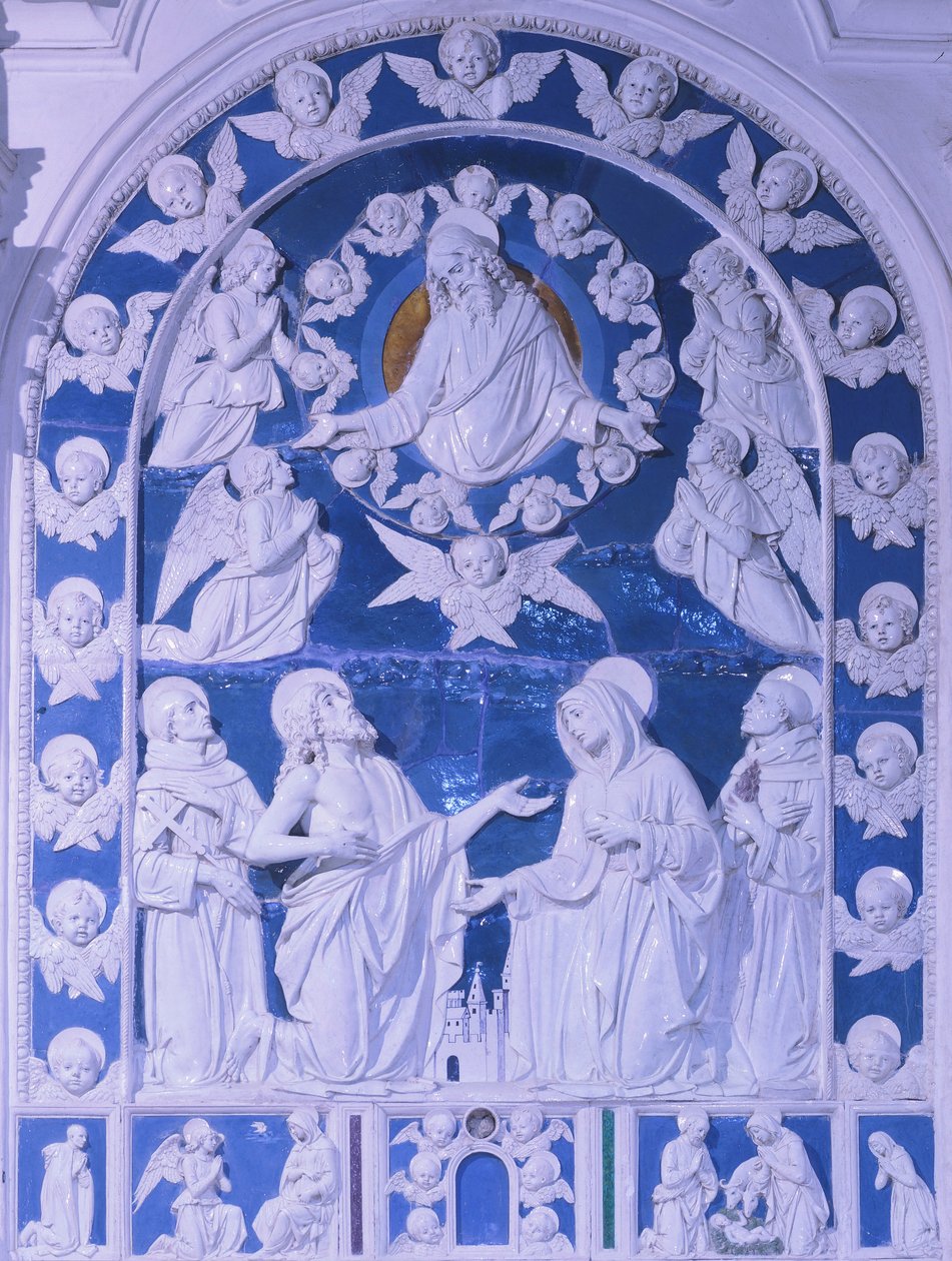 A Madonna Szent Ferenc, Domonkos és Bernard között, Giovanni della Robbia (1469-1529), San Francesco-templom Foiano della Chiana-ban, Toszkána alkotó: Giovanni della Robbia