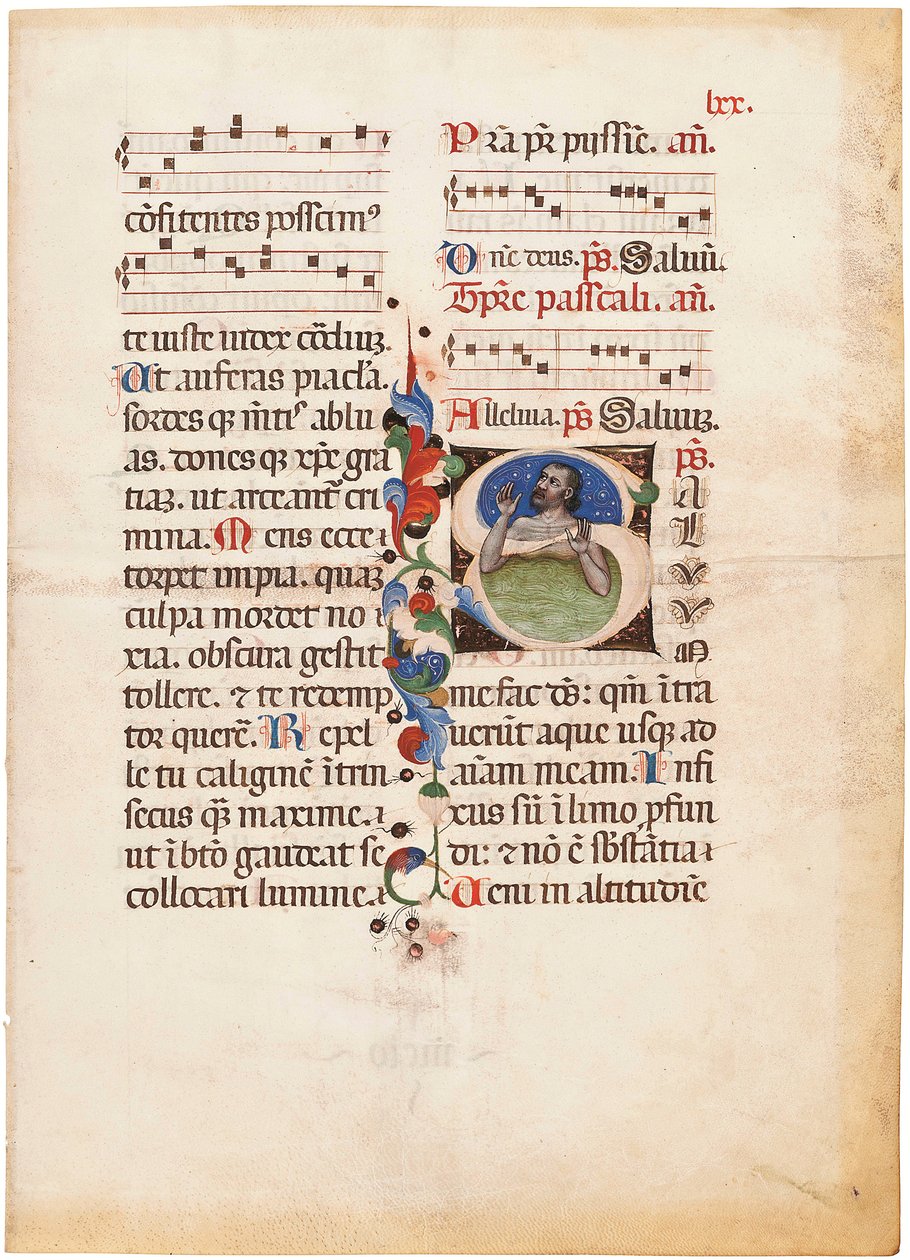 A zsoltáros a tengerben, "S" kezdőbetű egy illuminált jegyzett breviárium lapján, Bologna vagy Ferrara, 1440 körül (tinta és szín, pergamen). alkotó: Giovanni di Antonio da Bologna