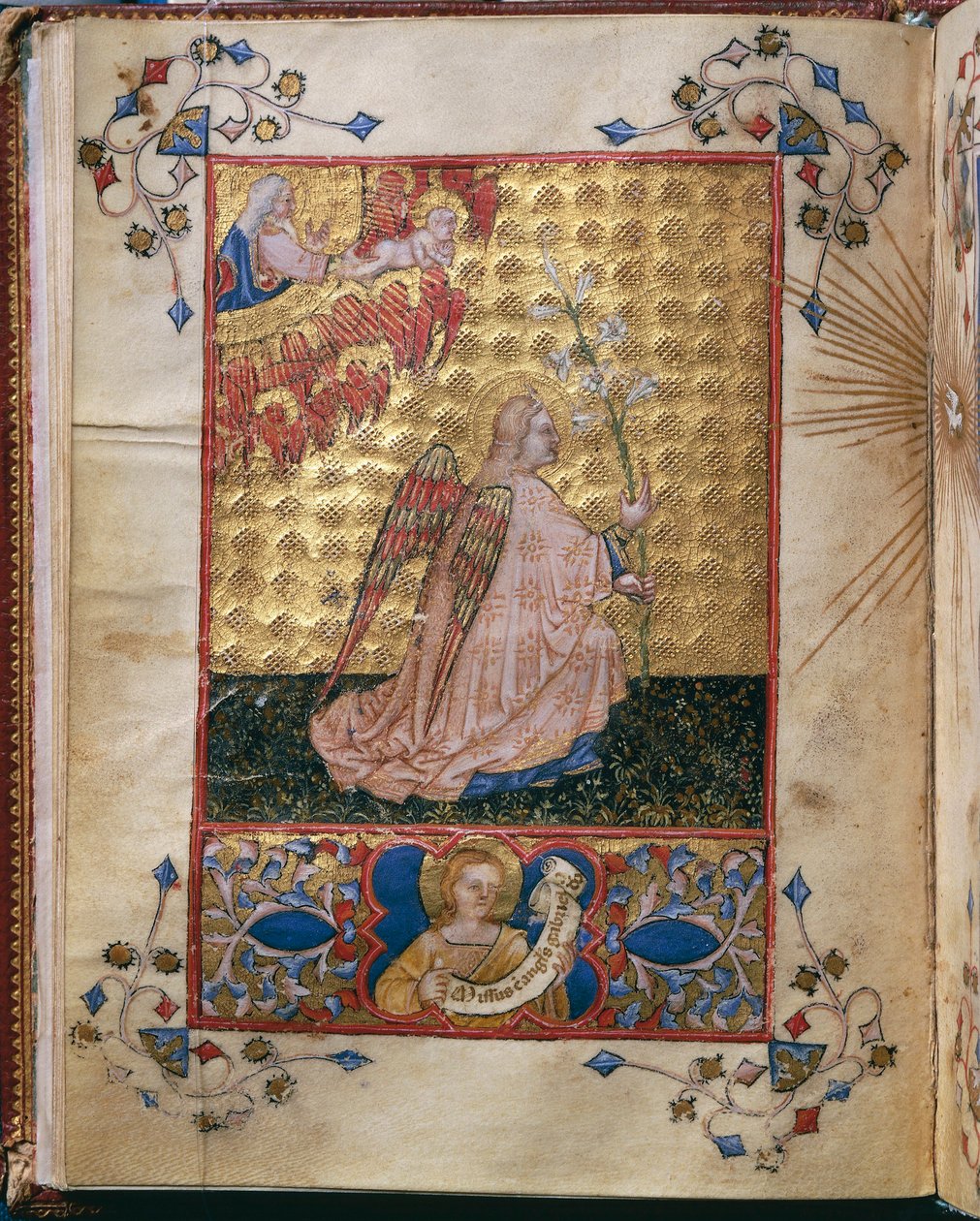 Olaszország, Angyali üdvözlet: az angyal liliommal, miniatűr Giovanni di Benedetto da Como, Officium Beatae Mariae Virginis, Alberto de Porcelis alkotó: Giovanni di Benedetto da Como