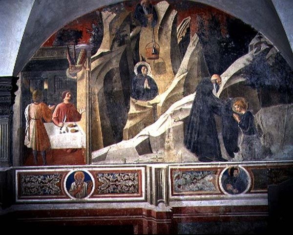 Szent Benedek kenyeret és köpenyt kap a Romano remetetől, részlet a Szent Benedek élete című freskóciklusból a Chiostro degli Aranci (Narancskolostor) 1430-as évek körül (freskó) alkotó: Giovanni di Consalvo (attr. to)