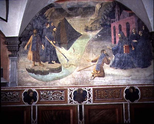 Szent Benedek kiemeli a favágó fejszét a tóból, részlet Szent Benedek élete freskóciklusából a Chiostro degli Aranci (Narancskolostor) 1430-as évek körül (freskó) alkotó: Giovanni di Consalvo (attr. to)