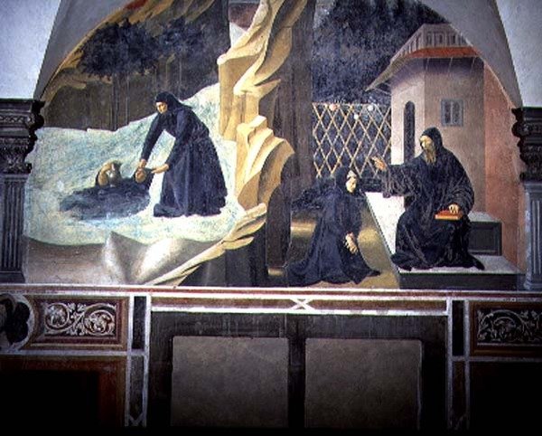 Szent Benedek elküldi Maurót, hogy mentse ki a tóból a fuldokló Placidust, részlet a Szent Benedek életét ábrázoló freskóciklusból a Chiostro degli Aranci (Narancsok kolostora) 1430-as évek körül (freskó). alkotó: Giovanni di Consalvo (attr. to)
