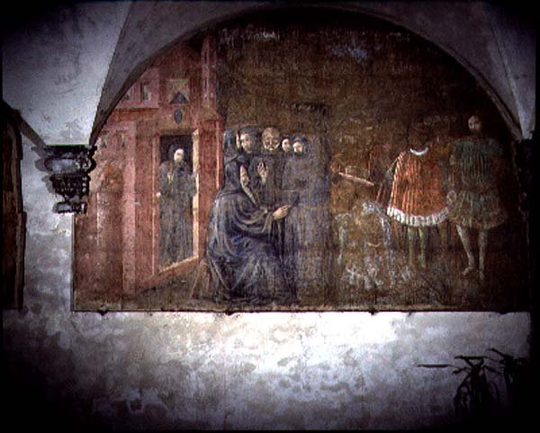 Szent Benedek és Totila király hírnöke, részlet Szent Benedek életének freskóciklusából, a Chiostro degli Aranci (Narancsok kolostora) 1430-as évek körüli freskóból (freskó). alkotó: Giovanni di Consalvo (attr. to)