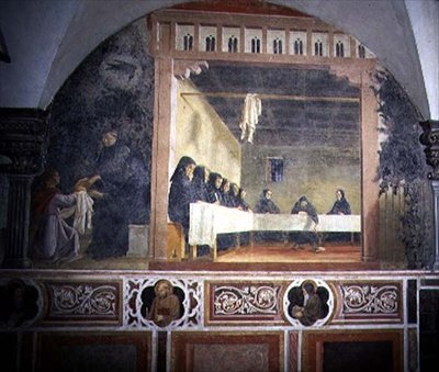 Szent Benedek és a mérgezett kenyér, részlet a Chiostro degli Aranci (Narancskolostor) Szent Benedek élete című freskóciklusából, 1430-as évek körül (freskó) alkotó: Giovanni di Consalvo (attr. to)