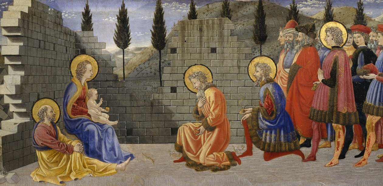 Mágusok imádása, Születés részlete és Mágusok imádása, 1457 és 1459 között, Giovanni di Francesco (1412-1459), tempera fán. alkotó: Giovanni di Francesco