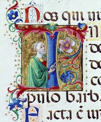 Ms 542 f.44v Történelmi „I” kezdőbetű, amely egy férfi szentet ábrázol Don Appiano által írt zsoltárból, a Badia Fiorentina templomból, Firenzéből alkotó: Giovanni di Guiliano Boccardi