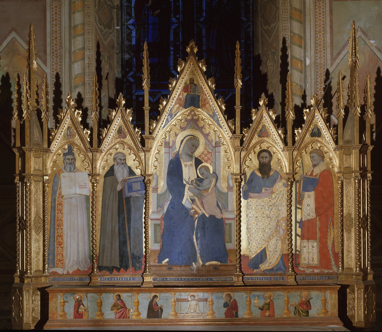 Szűzanya Szent Ágostonnal, Szent Nagy Antalszal, Szent Bertalannal és Szent Lőrinccel - tempera a táblán alkotó: Giovanni di Niccolo del Biondo