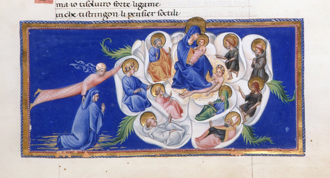 Dante és Beatrice a Szűz és a Gyermek előtt, akik az Égi Rózsában ülnek, különféle szentekkel körülvéve, Paradisóból a „Divina Commedia”-ban, Dante Alighieri, Yates Thompson 36, f.187 alkotó: Giovanni di Paolo