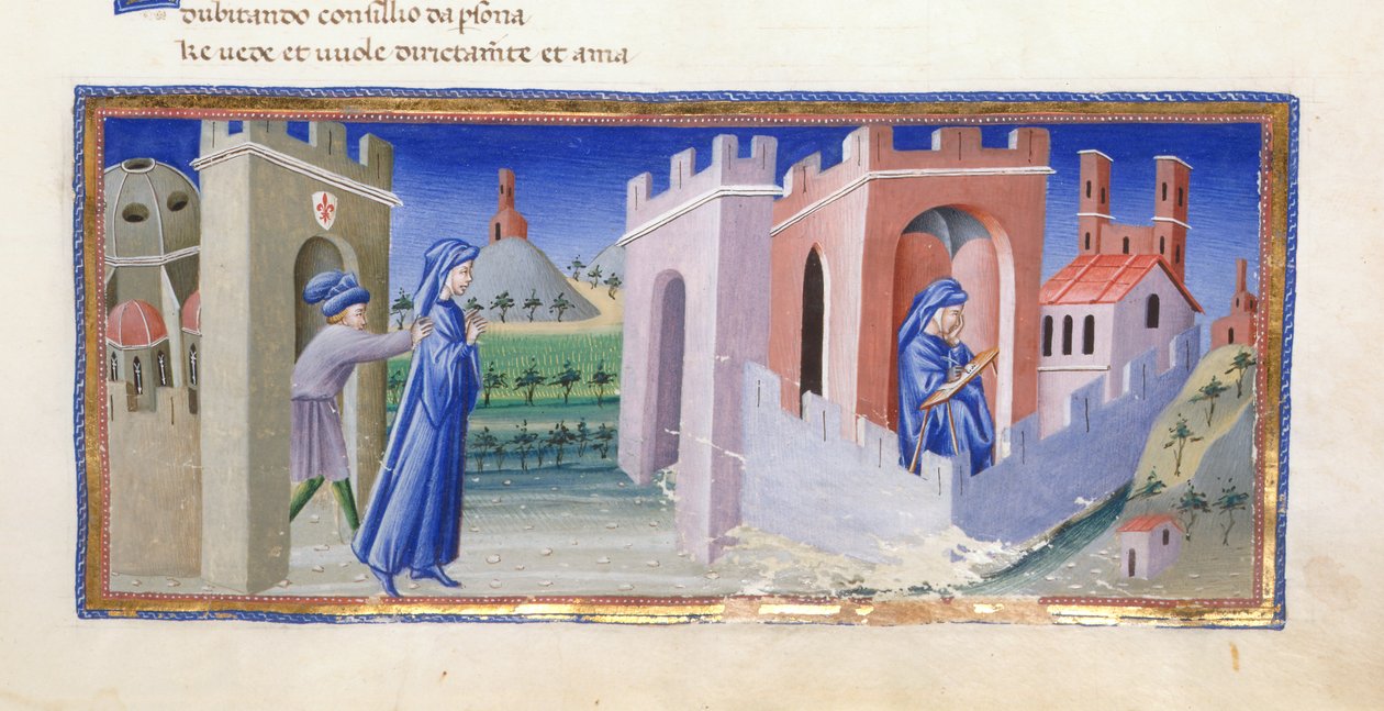 Dante kiutasítása Firenzéből, és versét száműzetésben, a Paradiso-ból komponálta a „Divina Commedia”-ban, Dante Alighieri, Yates Thompson 36, f.159 alkotó: Giovanni di Paolo