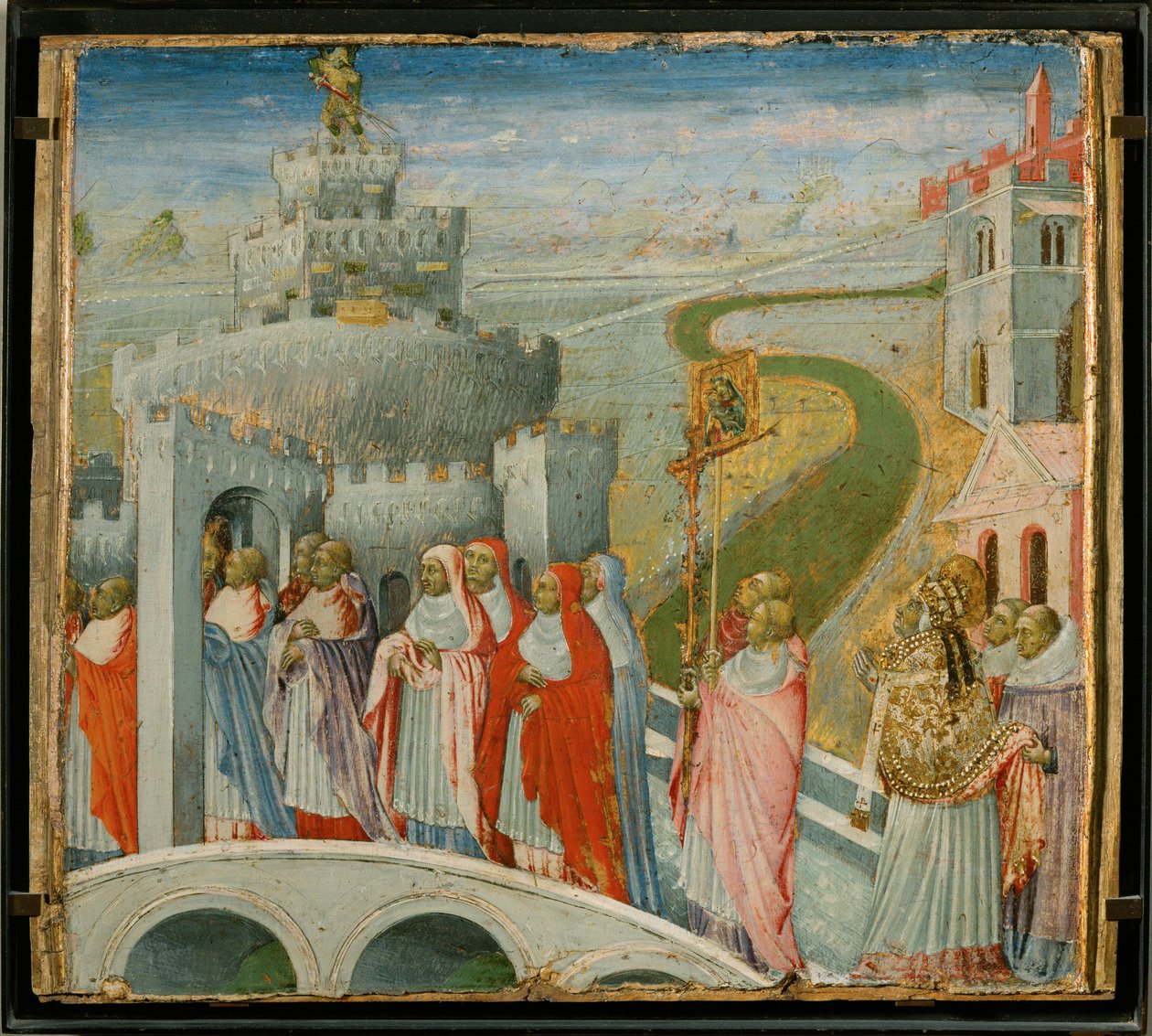 La procession de Saint Gregoire au Chateau Saint-Ange -A Szent Gergely körmenet az Angyalvárban ... alkotó: Giovanni di Paolo