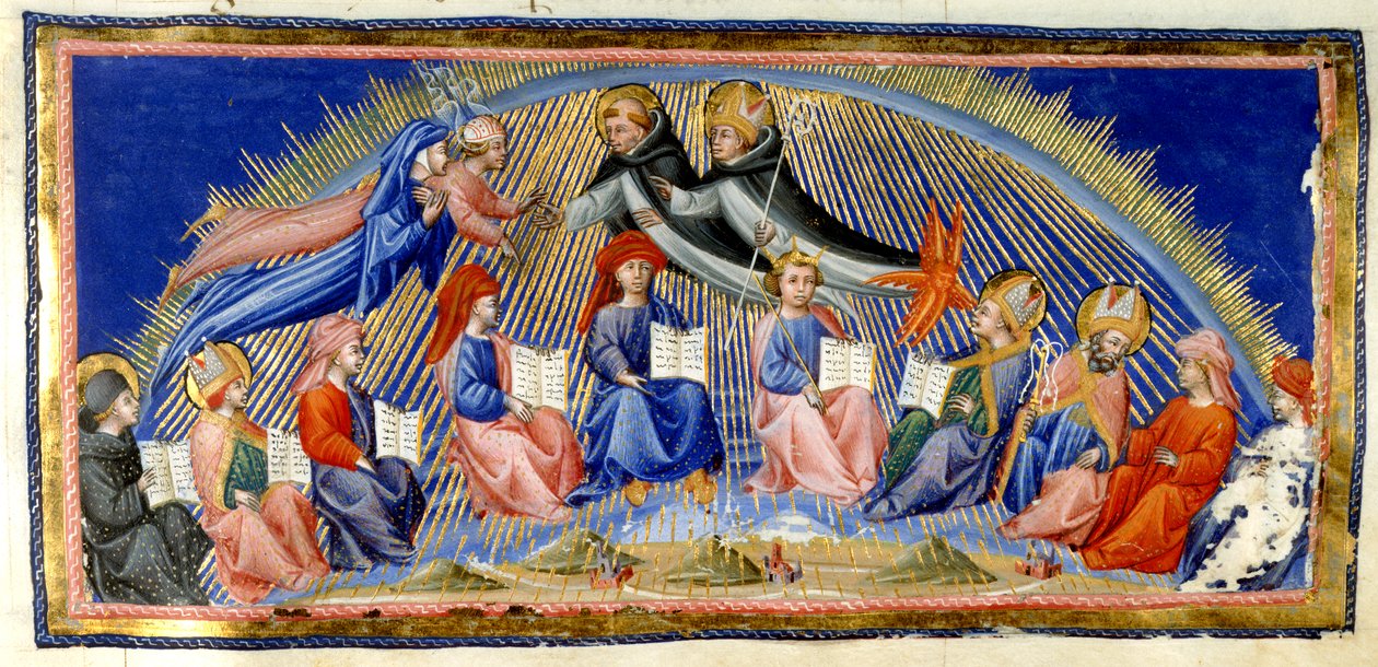 Paradiso, Canto X. Beatrice és Dante a Nap mennyországa mellett lebeg a bölcsességükkel kitüntetettekkel. Aquinói Szent Tamás köszönti őket Albertus Magnusszal. Az alábbiakban a bölcsesség tíz képviselője ül; Bede, Szent Ambrus, Sev Izidor alkotó: Giovanni di Paolo