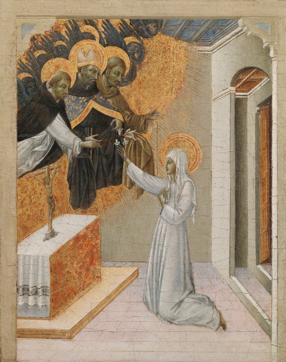 Predella-panel egy oltárképről: Sienai Szent Katalin a dominikánus szokásokkal teli, 1460-as évek. alkotó: Giovanni di Paolo