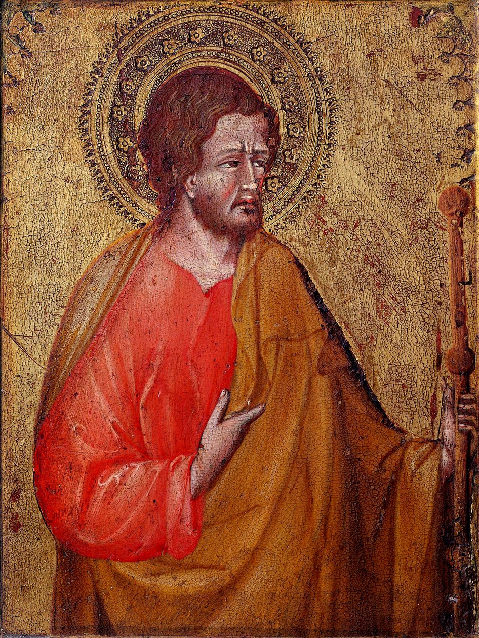 Pelerin Szent Jakab ábrázolása Őrnagy Szent Jakab vagy Szent Jakab, Zebedeus fia. Giovanni di Paolo festménye (1395 / 1400-1482) 15. századi Assisi, a San Francesco-bazilika Kincstárának Múzeuma és a Perkins-gyűjtemény alkotó: Giovanni di Paolo
