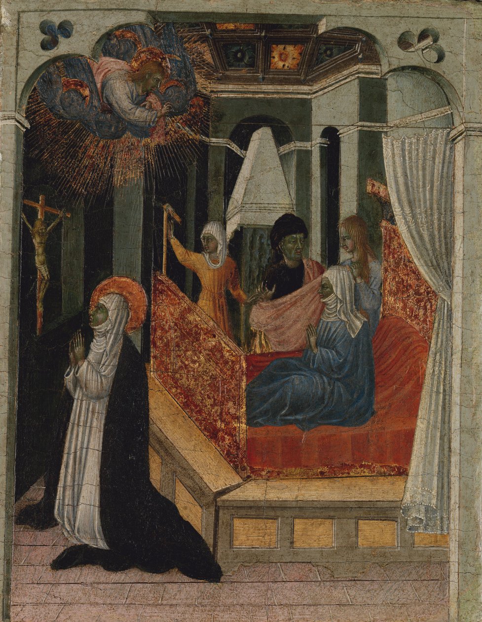 Sienai Szent Katalin könyörög Krisztusnak, hogy éltesse újra anyját, kb. 1447-65. alkotó: Giovanni di Paolo