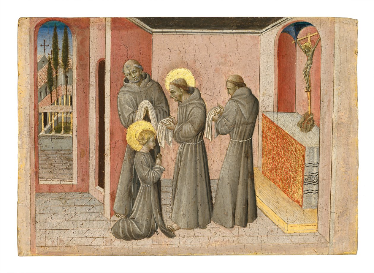 Szent Klára beavatása: a Szent, aki átveszi a rend ruháit Szent Ferenctől, 1389-1482 körül (tempera és arany a táblán) alkotó: Giovanni di Paolo