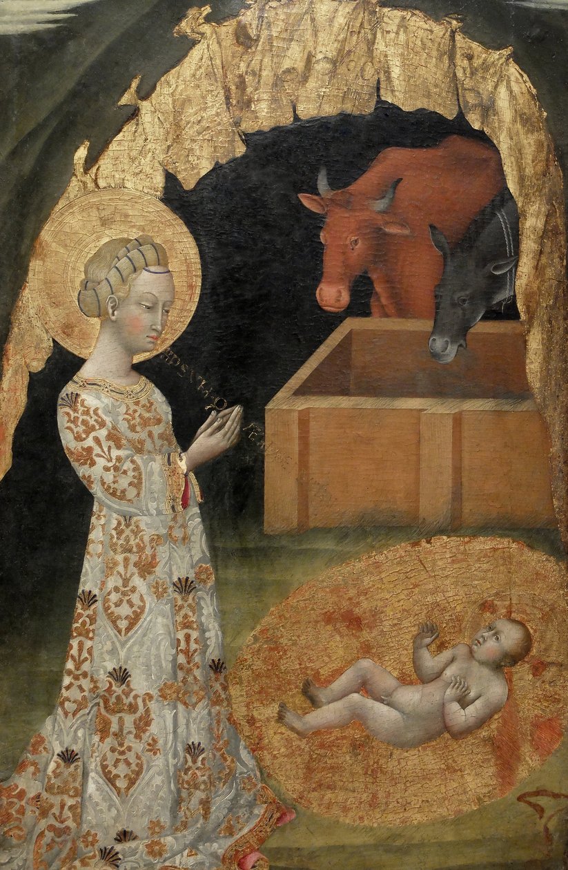 La Nativity, Saint Victtorino, Saint Ansano, központi részlet (fára festett) alkotó: Giovanni di Paolo di Grazia