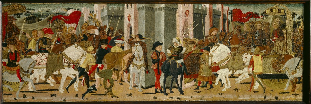 Cassone-panel: Romulus és Tatius diadalmas belépése Rómába alkotó: Giovanni di Ser Giovanni