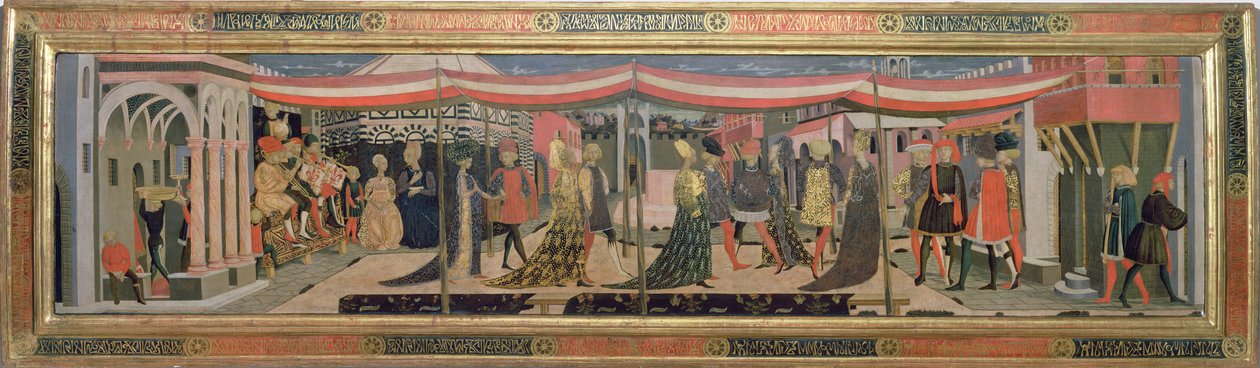 Az Adimari Cassone előlapja, amely esküvői jelenetet ábrázol a keresztelőkápolna előtt, 1450 körül (tempera a panelen) (lásd még: 62295, 123484-6) alkotó: Giovanni di Ser Giovanni