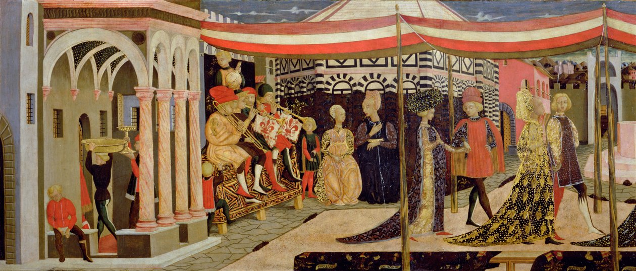 Az Adimari Cassone eleje, a bal oldali rész részlete, 1450 körüli tempera a 80304 panel részletén alkotó: Giovanni di Ser Giovanni