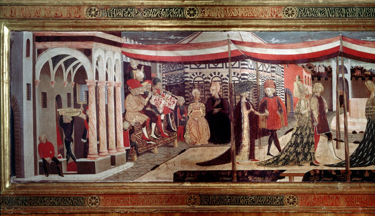 Reneszánsz esküvői szertartás Részlet a Cassone Adimarit díszítő panel bal oldalán. Esküvői jelenet a Piazza del Duomo-n (Plaza de la Cathedrale Santa Maria del Fiore). A zenészek a színpadon ülnek trombitán, harsonán és ütős hangszeren alkotó: Giovanni di Ser Giovanni Scheggia