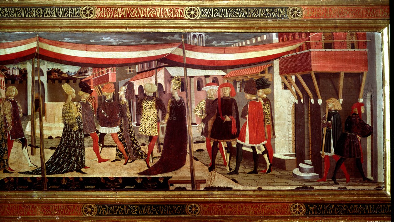 Reneszánsz esküvői szertartás Részlet a Cassone Adimarit díszítő panel bal oldalán. Esküvői jelenet a Piazza del Duomo-n (Plaza de la Cathedrale Santa Maria del Fiore). A párok a kortezsban egy lombkorona alatt haladnak előre. Giovanni di Ser G festménye alkotó: Giovanni di Ser Giovanni Scheggia