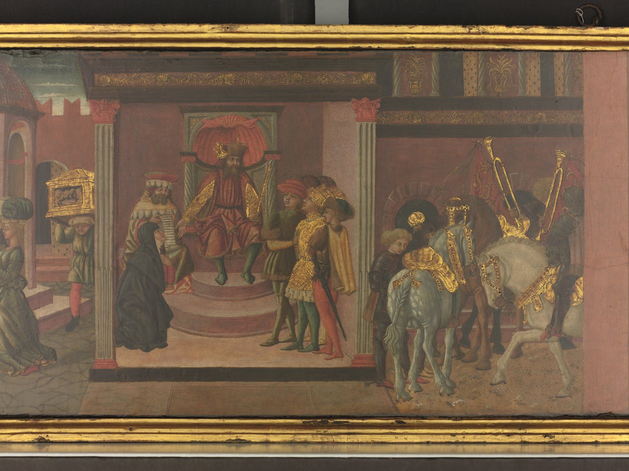 Traianus és az özvegy története, részlet egy cassone tábláról, 1450 körül (tempera, tábla) alkotó: Giovanni di Ser Giovanni Scheggia