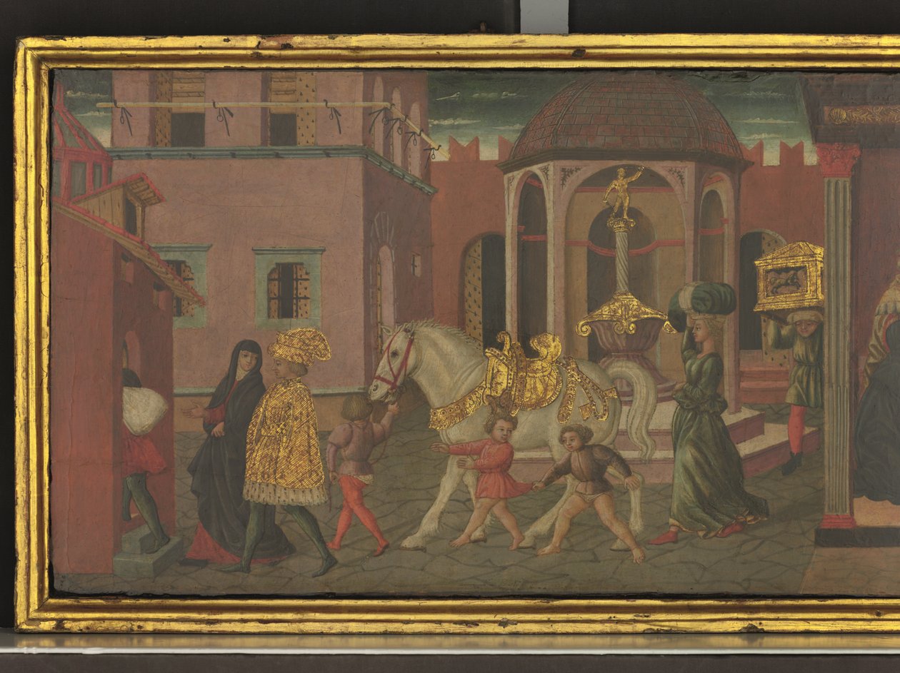 Traianus és az özvegy története, részlet egy cassone tábláról, 1450 körül (tempera, tábla) alkotó: Giovanni di Ser Giovanni Scheggia