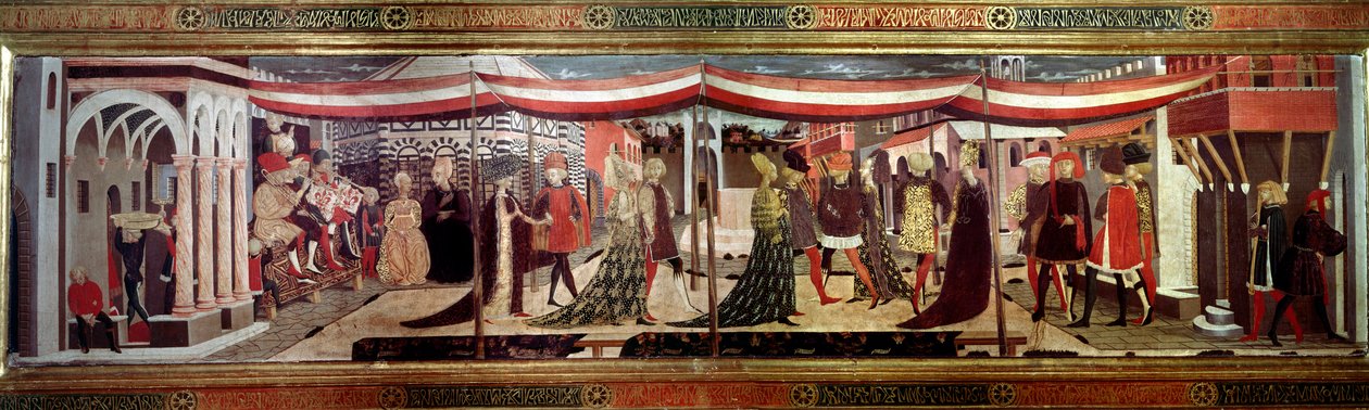 Az esküvői szertartáson a reneszánsz panel díszíti a Cassone Adimarit. Esküvői jelenet a Katedrális téren (Plaza de la Cathedrale Santa Maria del Fiore). A párok a kortezsban egy lombkorona alatt haladnak előre. Giovanni festménye, Ser Giovanni Scheggia (1 alkotó: Giovanni di Ser Giovanni Scheggia