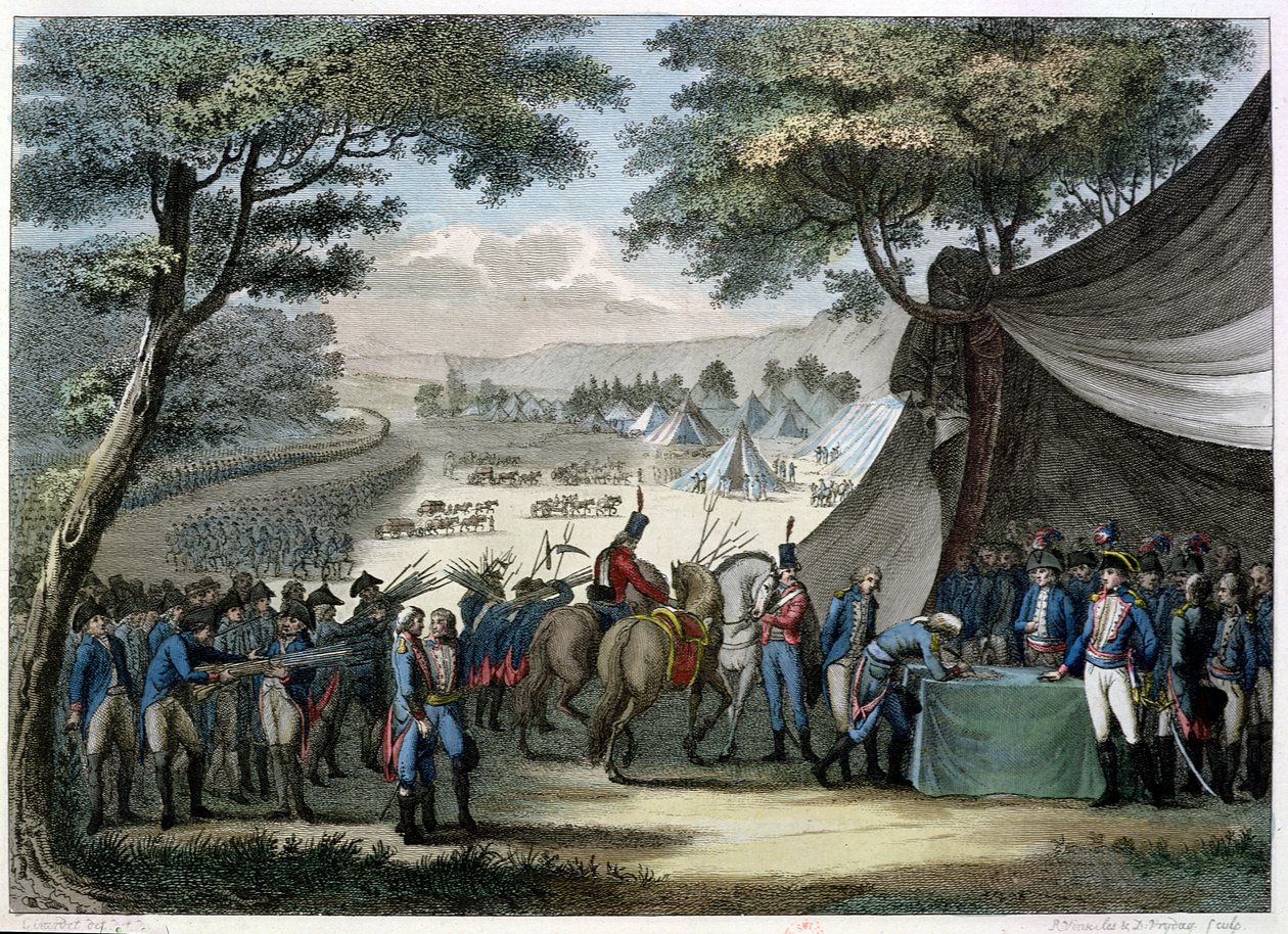 Hoche tábornok (1768-97) által a Vendee-i területek megnyugtatása 1795. április 20. (színes metszet) alkotó: Karl Girardet
