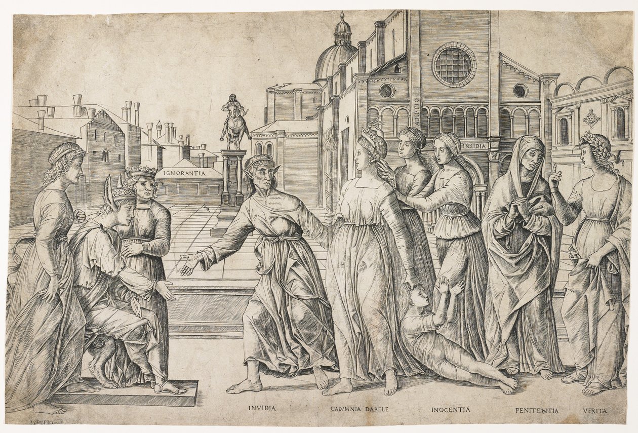 Apelles gyalázata, c. 1500-1506 alkotó: Girolamo Mocetto