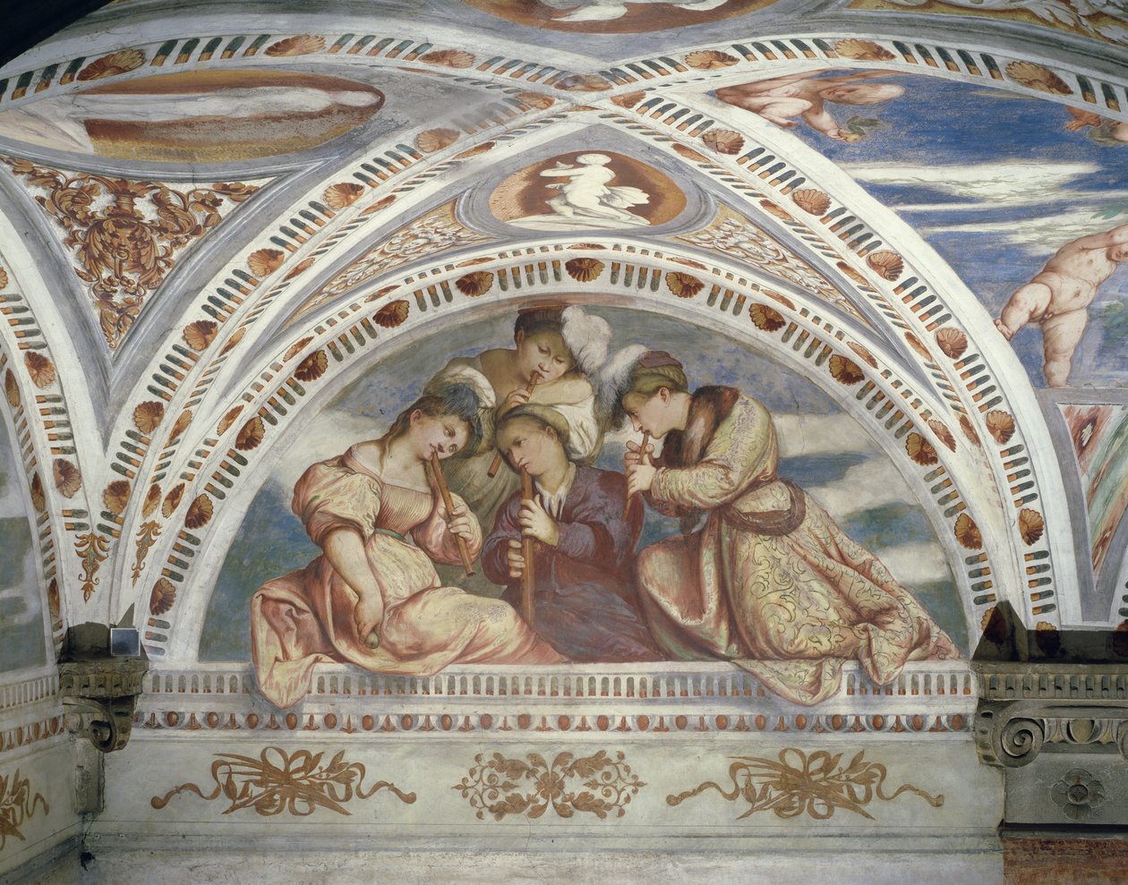 Borítókból álló koncertnégyest ábrázoló keret, 1532 alkotó: Girolamo Romanino