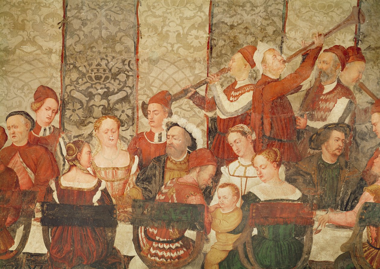 Vendégek a Bartolomeo Colleoni által I. Keresztény dán király számára tartott banketten a Malpaga-kastélyban 1474-ben, 1520-30 (részlet) alkotó: Girolamo Romanino