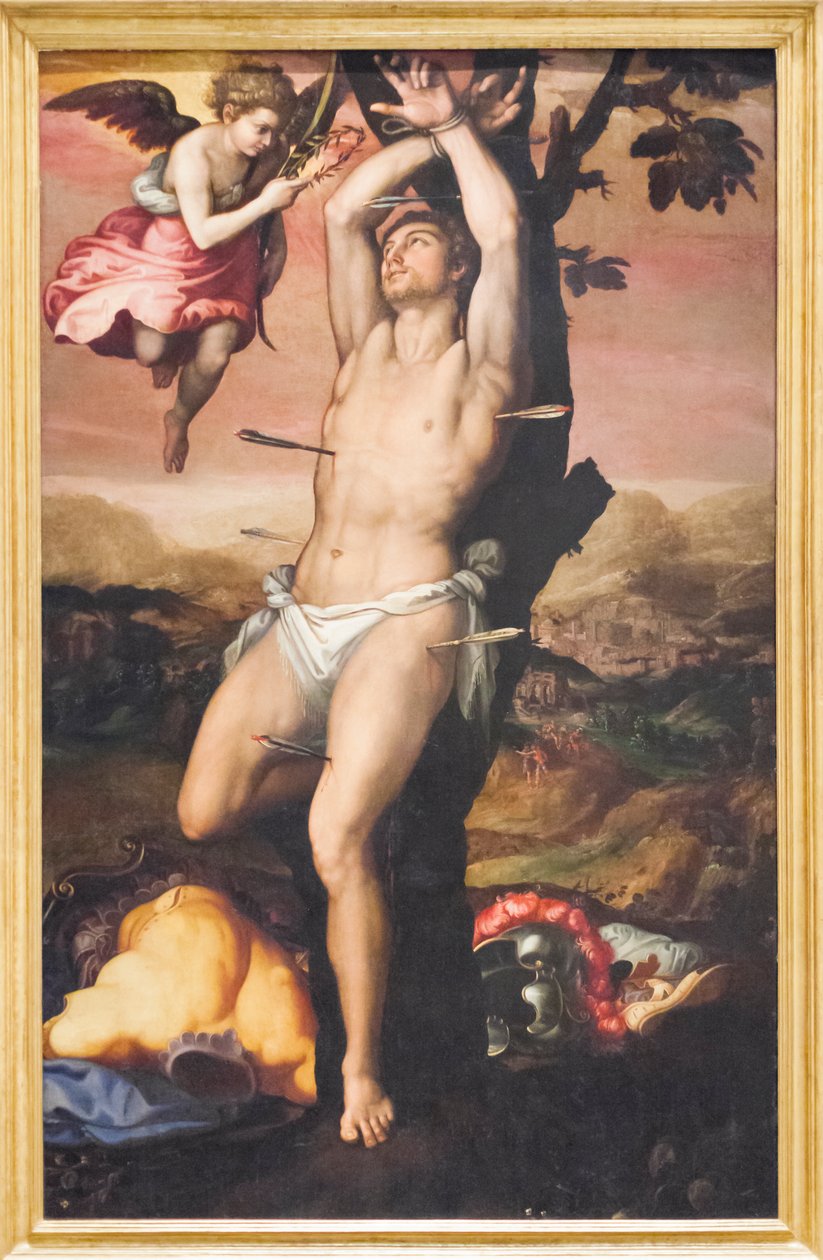 Szent Sebestyén megkapja a vértanúság koronáját és pálmáját alkotó: Girolamo (1521 c.1580) Siciolante