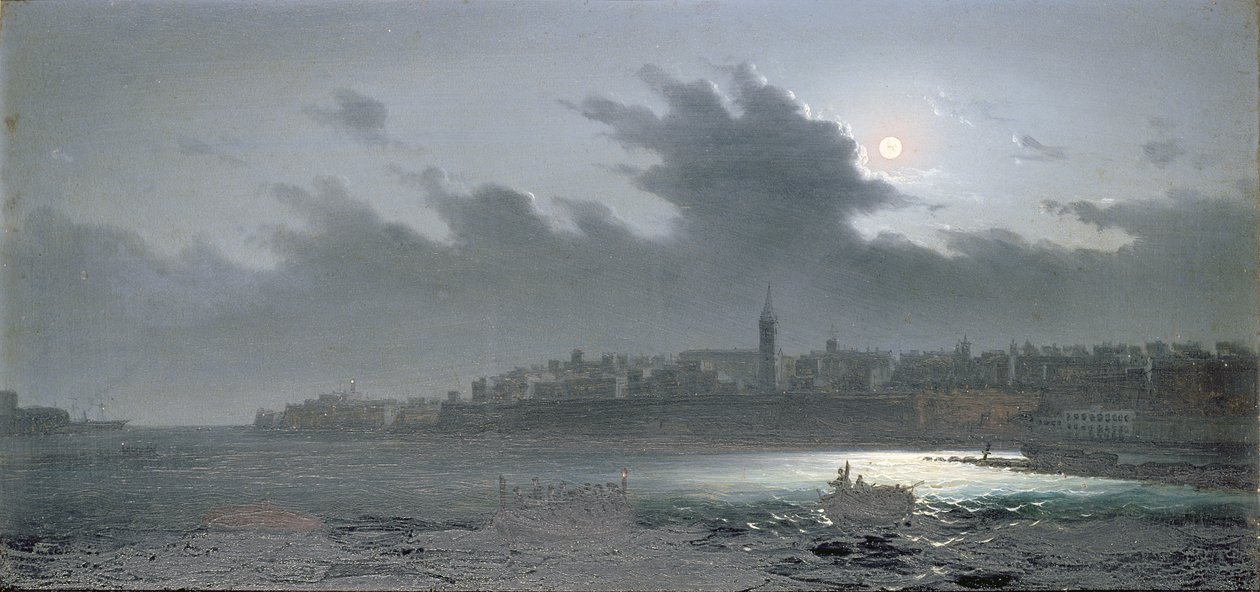 Málta kilátása a kikötőnél éjjel, 1876 alkotó: Girolamo Gianni