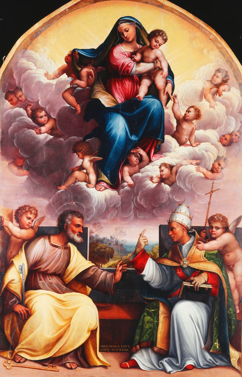 A Madonna és a gyermek a dicsőségben Szent Péterrel és Nagy Gergellyel vitázó angyalokkal alkotó: Girolamo Marchesi da Cotignola