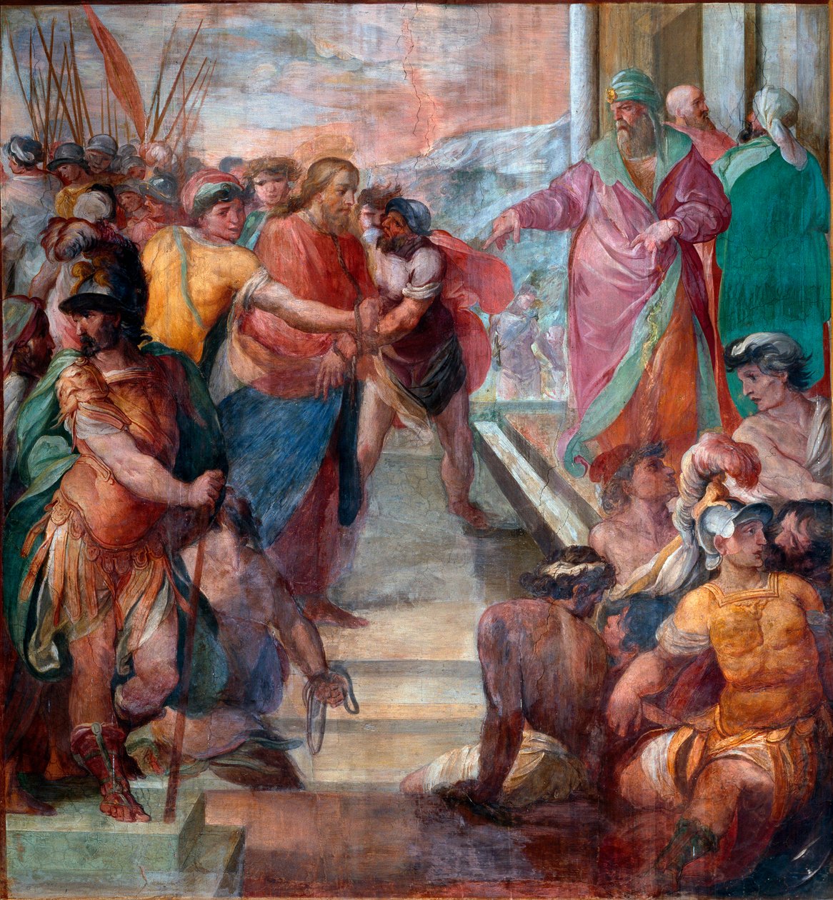Krisztust Caiphus elé vezetik Girolamo Massei (1540-1614) 1594-1600 Róma, Santa Prassede által készített Krisztus szenvedéséről szóló freskó részlete alkotó: Girolamo Massel