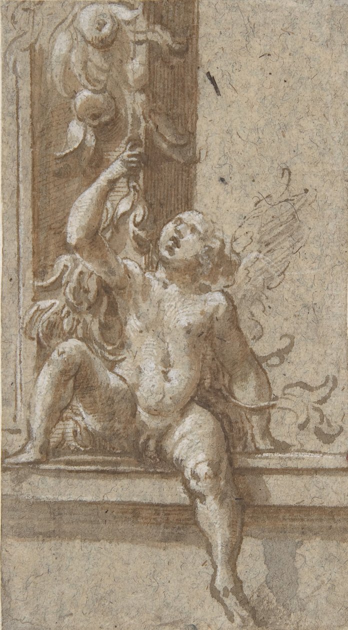 Egy vázon ülő puttó, kb. 1538-40. alkotó: Girolamo Mazzola Bedoli