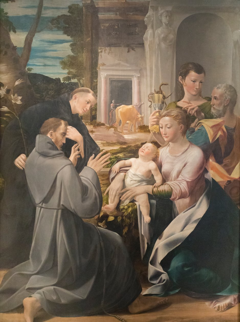 Szent család Páduai Szent Antal, Assisi Szent Ferenc és Szent János evangélistával, Girolamo Mazzola Bedolival alkotó: Girolamo Mazzola Bedoli