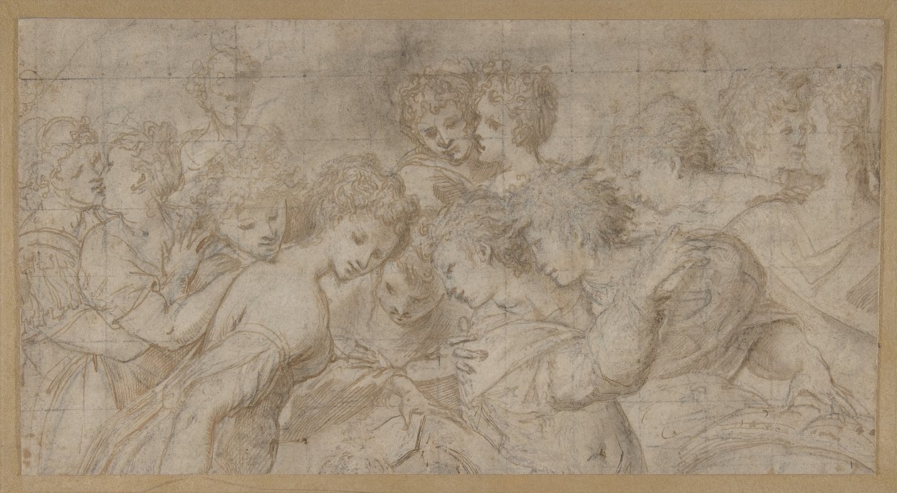 Női alakok ölelése, néhány kottával., 1570-73. alkotó: Girolamo Mirol.