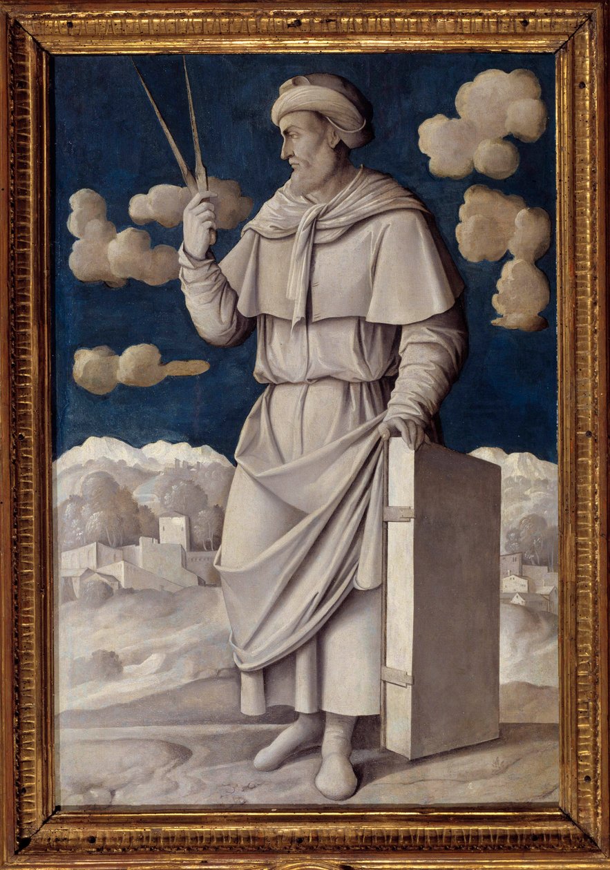 Eukleidész (Kr. e. 325-265) portréja, görög matematikus Girolamo Mocetto (1458-1531) festménye 1531 Párizs. Musee Jacquemart Andre - Eukleidész (Kr. e. 325-265) angol matematikus teljes alakos portréja. Girolamo Mocetto (1458-1531) festménye alkotó: Girolamo Mocetto
