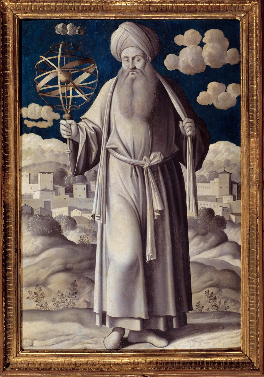 Ptolemeus (Claudius Ptolemaeus) (i.sz. 90-168) portréja, görög csillagász Girolamo Mocetto (1458-1531) festménye 1531 Párizs. Musee Jacquemart Andre - Ptolemaiosz (Claudius Ptolemaeus) (i.sz. 90-168) teljes alakos portréja. görög csillagász. Festés által alkotó: Girolamo Mocetto