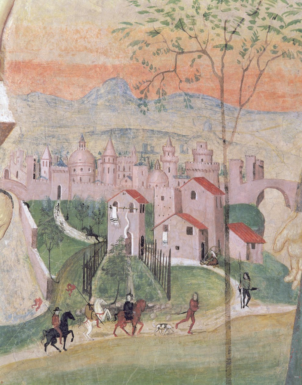 Prato város látképe, részlet a keresztrefeszítésből, a Káptalanházból, 1509 alkotó: Girolamo Ristori