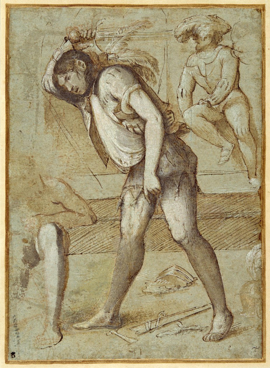 Egy hóhér egy szakállas szentet készül lefejezni (toll és barna tinta barna mosással, fehér testszínnel, vörös krétával a carta azzurrán) alkotó: Girolamo Romanino