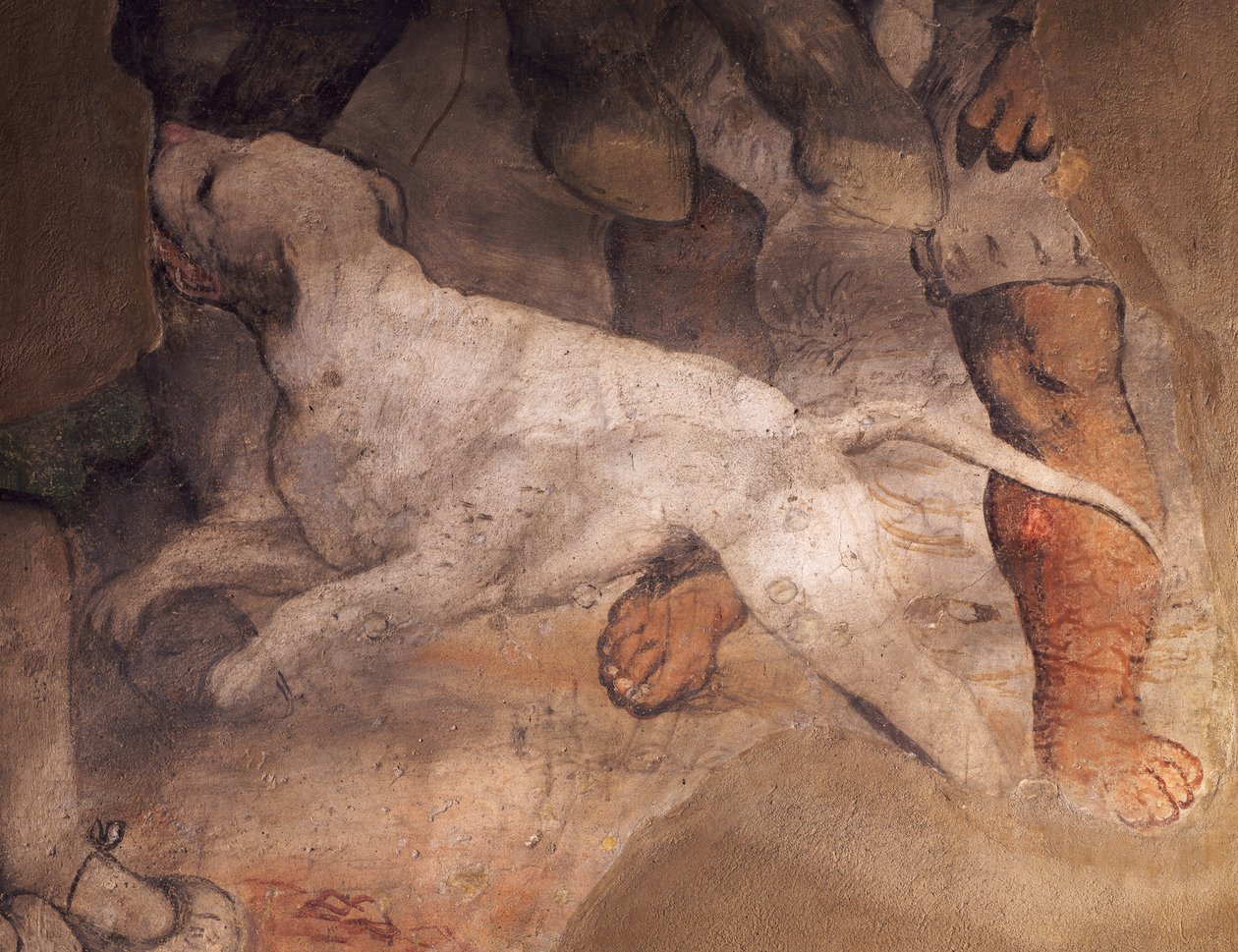 Kutyafigura, részlet Girolamo Romanino (kb. 1484-1566) freskójáról, Sant