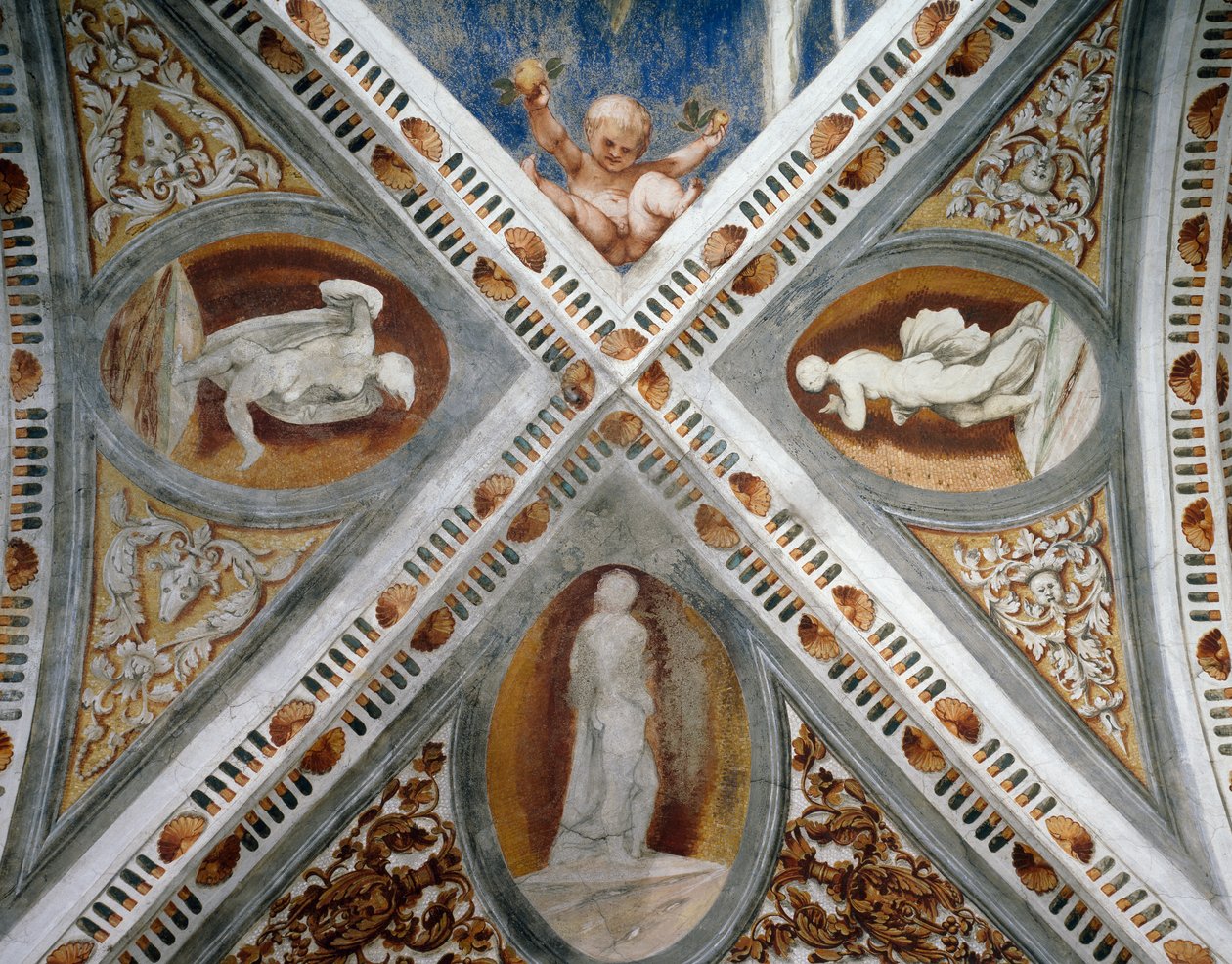 Mozaikfülkék és szobrok, Girolamo Romanino freskóinak részlete (kb. 1484-1559 után), Bernardo Clesio megrendelésére alkotó: Girolamo Romanino
